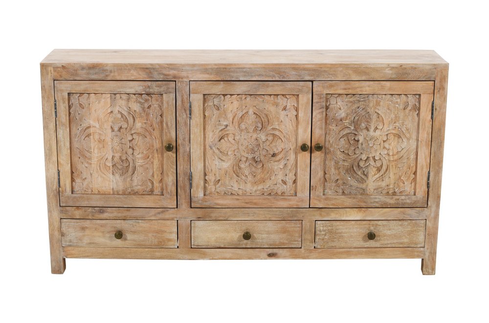 64" Natural Solid Wood Carved Floral Three Drawer Sideboard With Three Doors