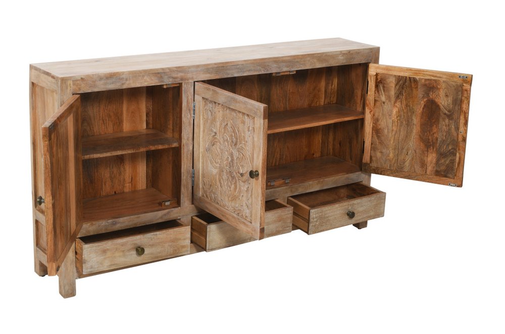 64" Natural Solid Wood Carved Floral Three Drawer Sideboard With Three Doors