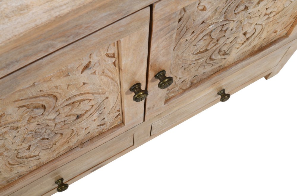 64" Natural Solid Wood Carved Floral Three Drawer Sideboard With Three Doors
