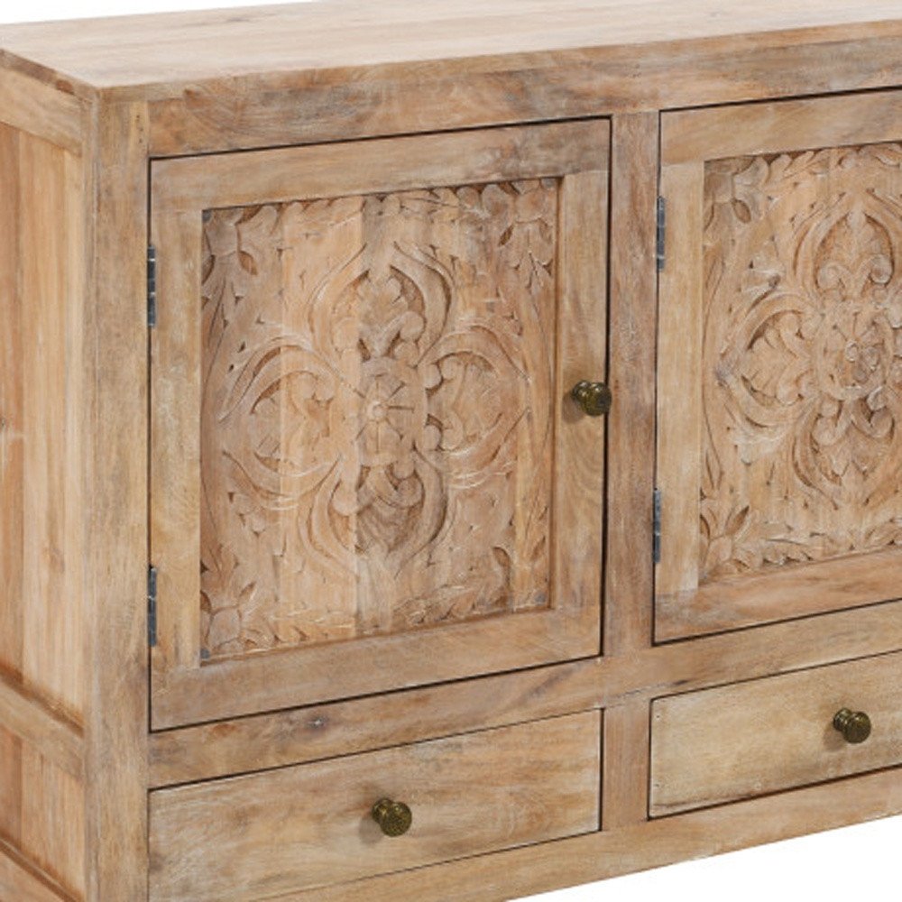 64" Natural Solid Wood Carved Floral Three Drawer Sideboard With Three Doors