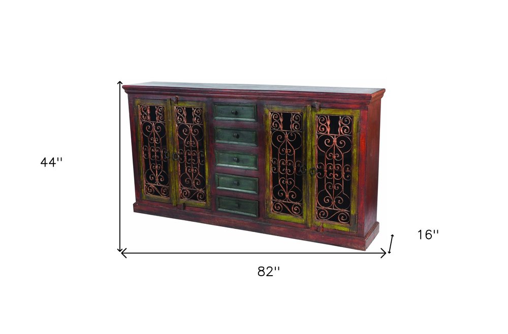 82" Red Distressed Solid Wood Five Drawer Buffet Table with Four Doors