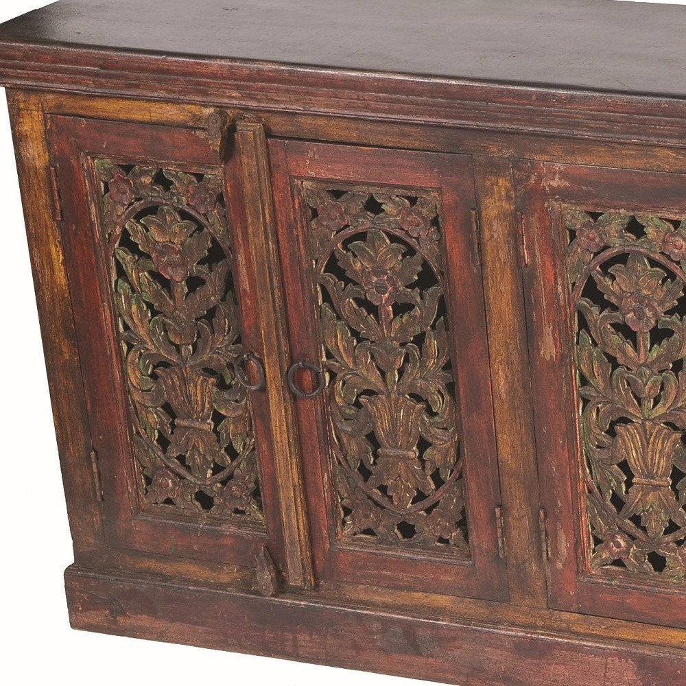 90" Red Distressed Solid Wood Carved Scrollwork Buffet Table with Six Doors
