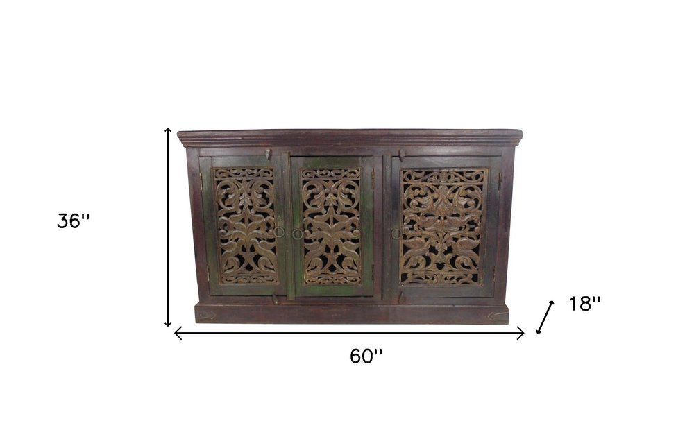 60" Brown Distressed Solid Wood Carved Scrollwork Buffet Table With Three Doors