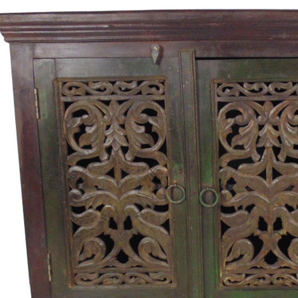 60" Brown Distressed Solid Wood Carved Scrollwork Buffet Table With Three Doors
