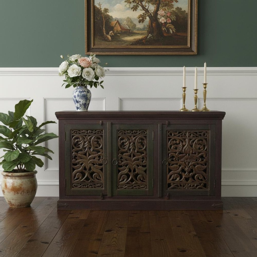 60" Brown Distressed Solid Wood Carved Scrollwork Buffet Table With Three Doors