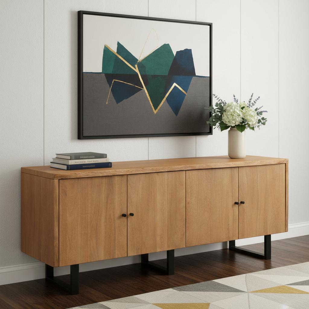 80" Natural Distressed Solid Wood Live Edge Credenza With Four Doors
