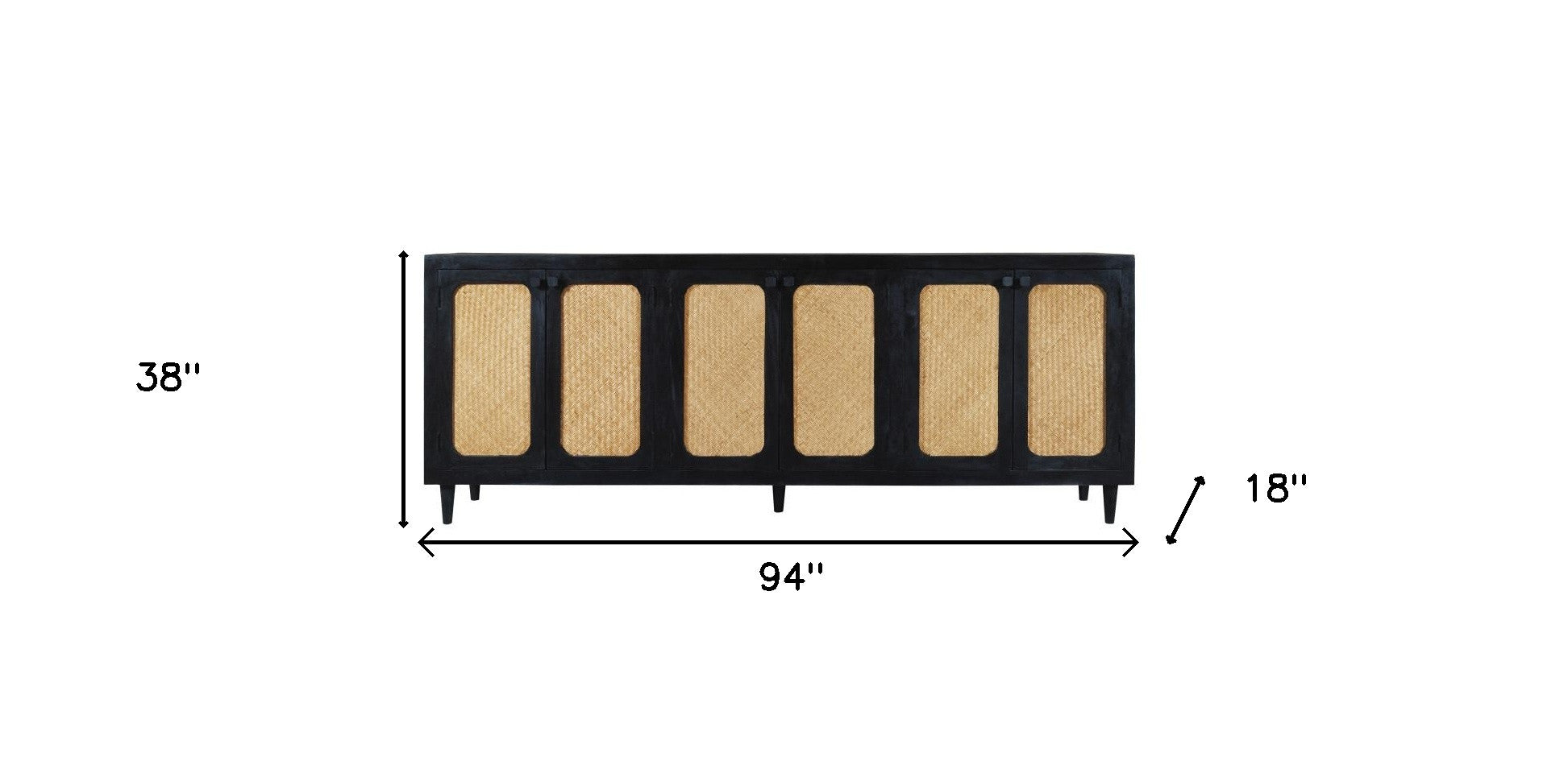 94" Black Distressed Solid Wood Sideboard with Six Doors