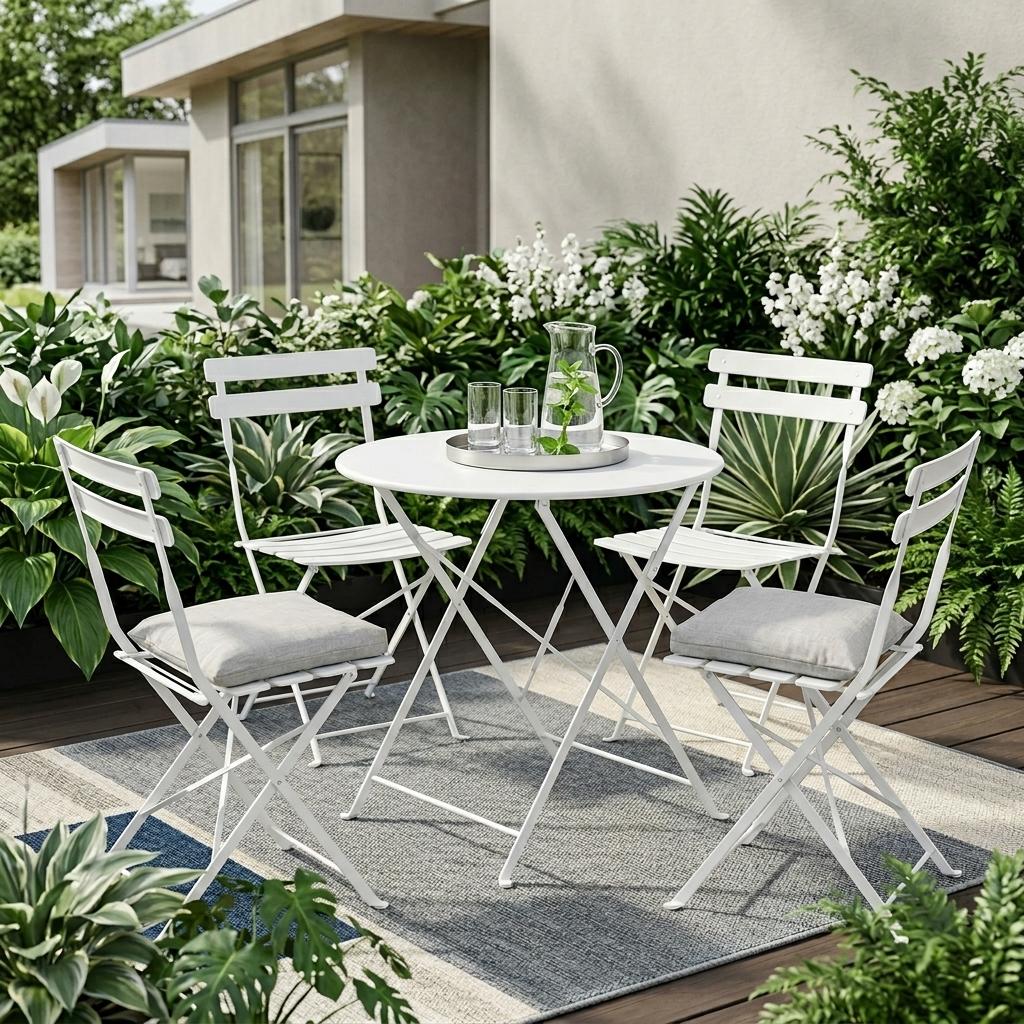 30" White Aluminum Round Folding Outdoor Bistro Table with Umbrella Hole