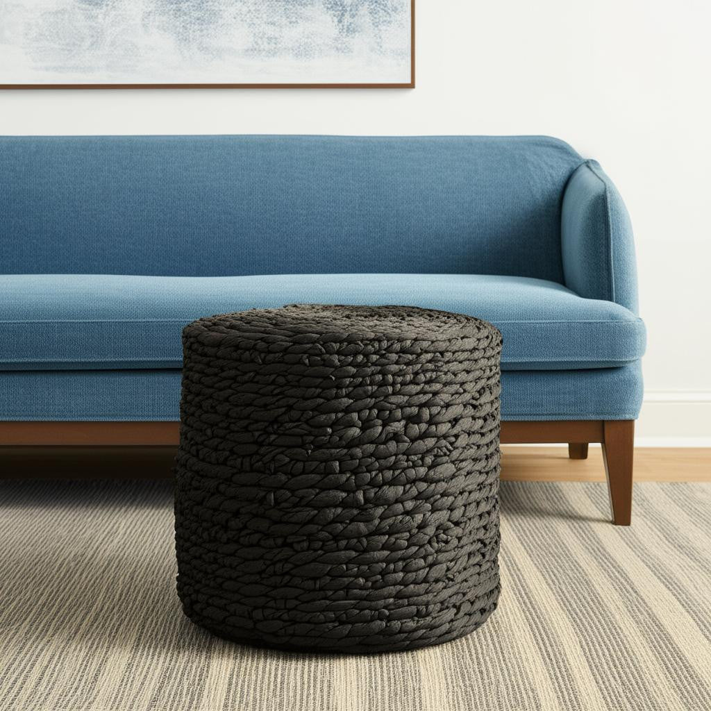 18" Black Jute Round Pouf Ottoman