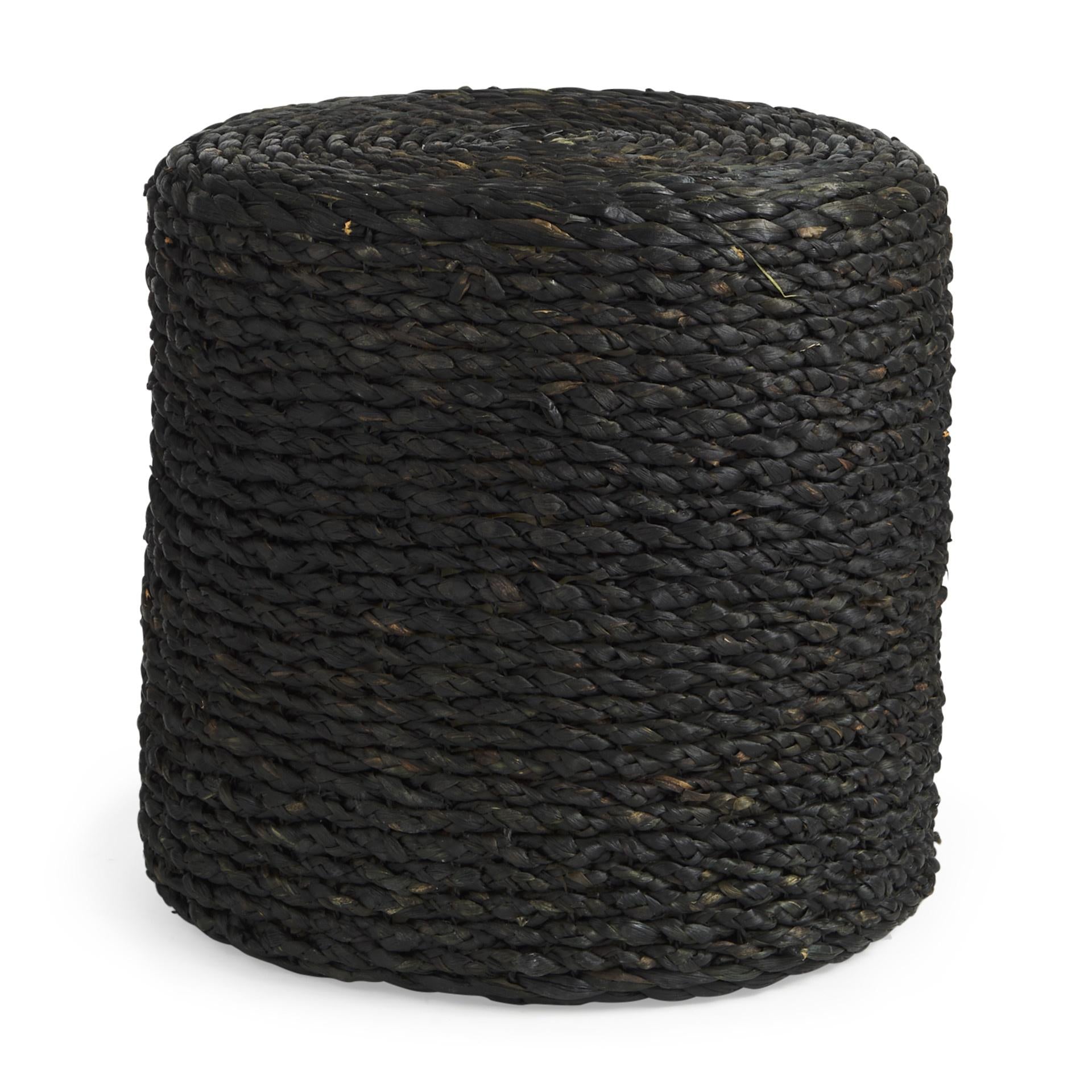 18" Black Jute Round Pouf Ottoman