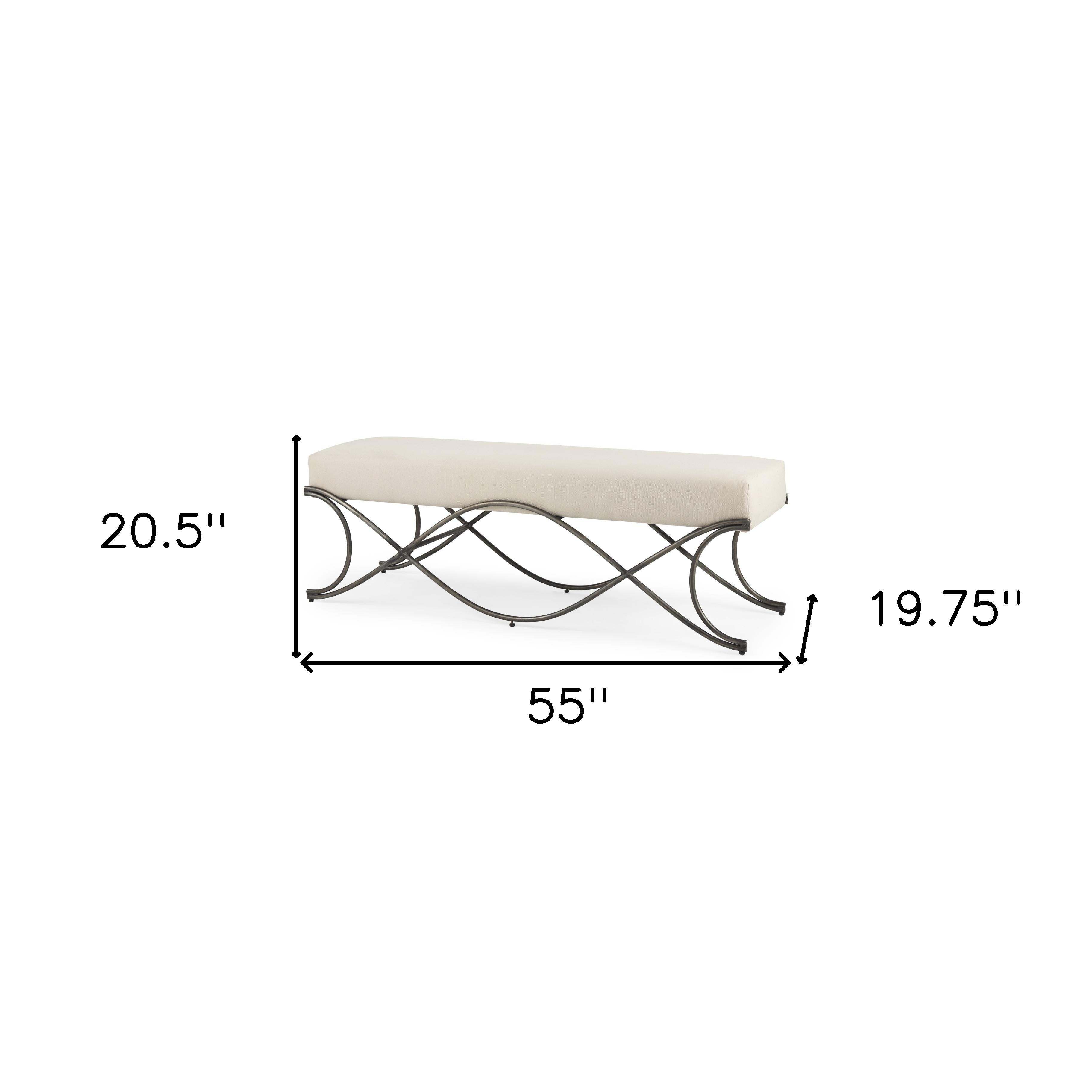 55" Cream and Nickel Fabric and Metal Upholstered Bench
