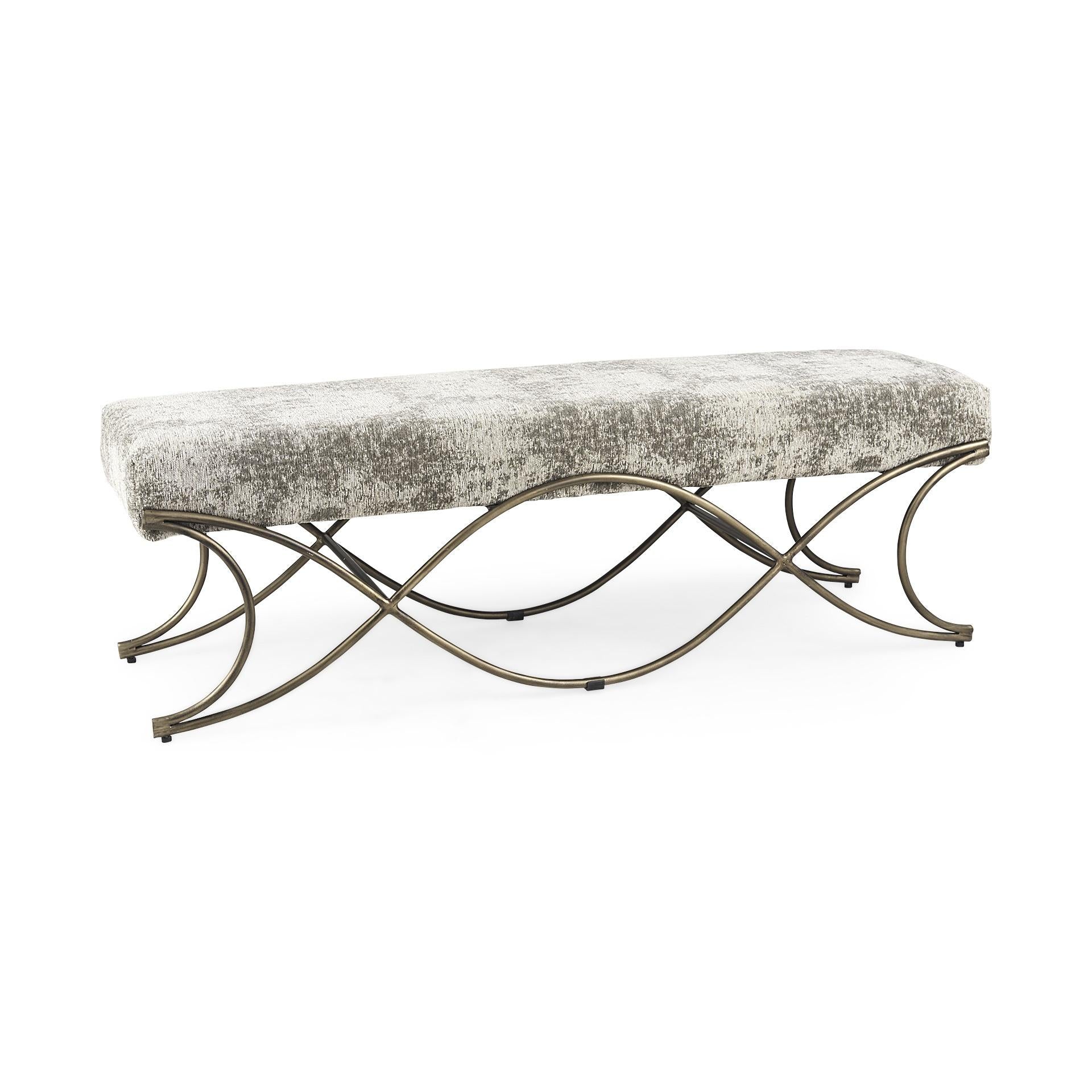 55" Gray and Gold Chenille and Metal Upholstered Bench