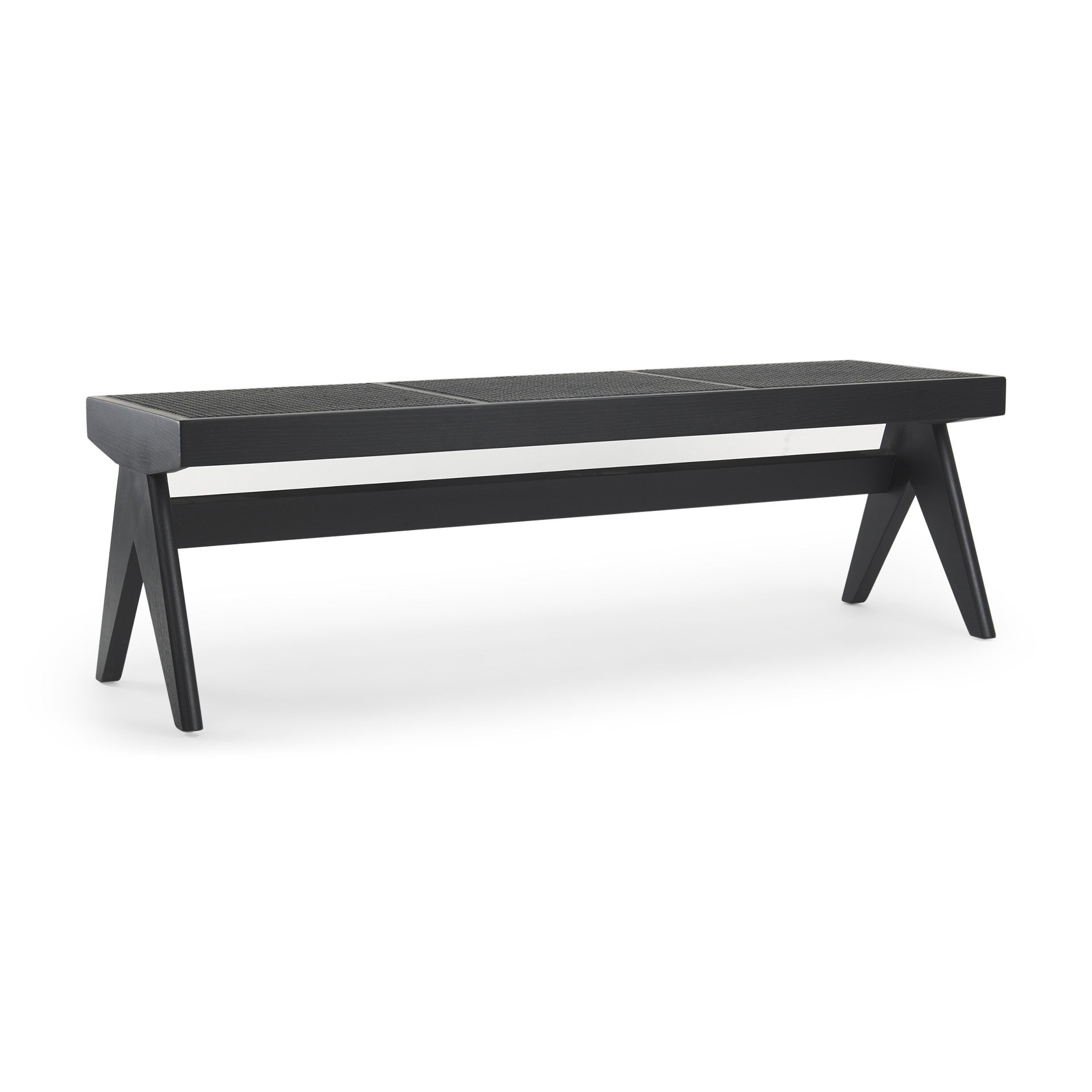 59" Black Solid Wood and Cane Dining Bench