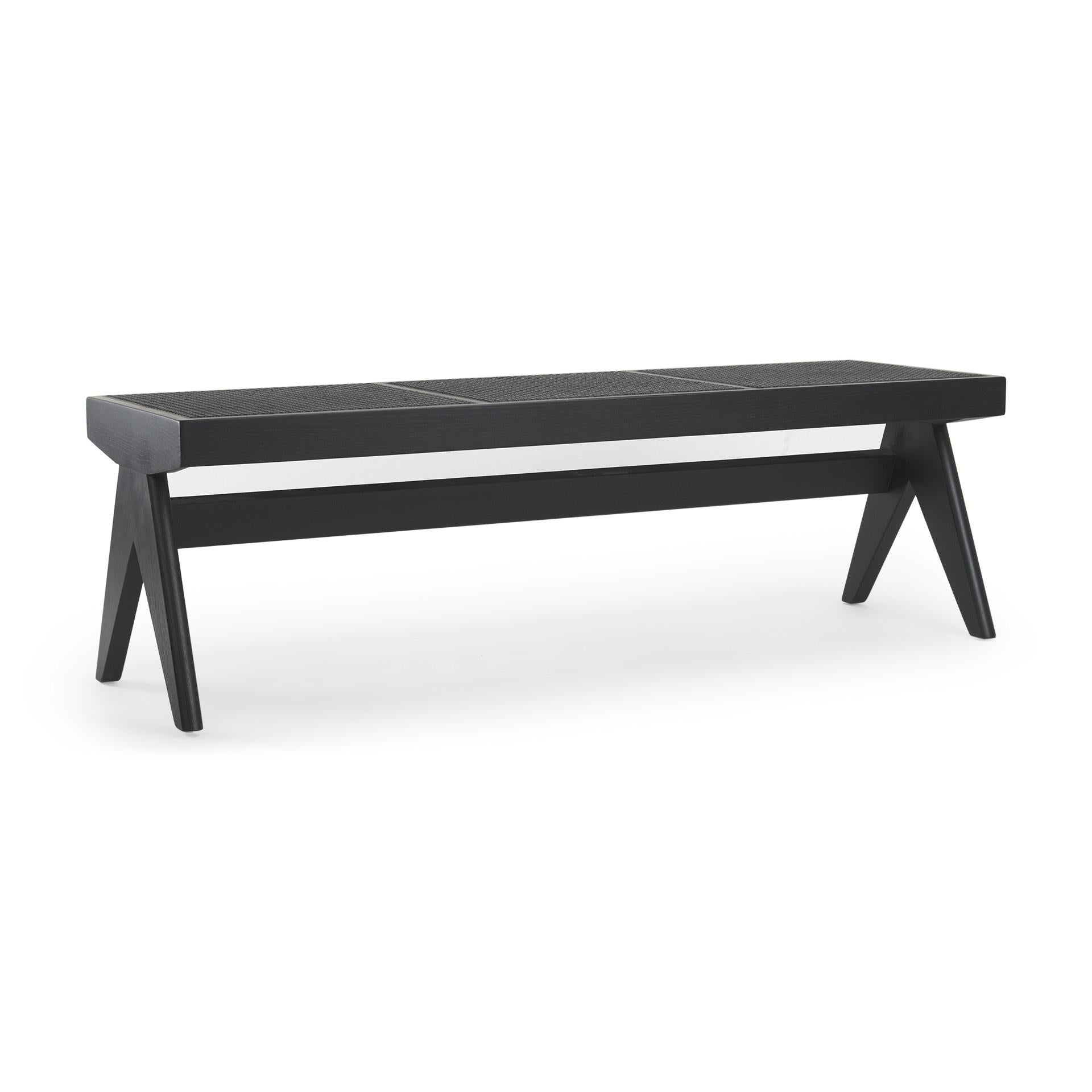 59" Black Solid Wood and Cane Dining Bench