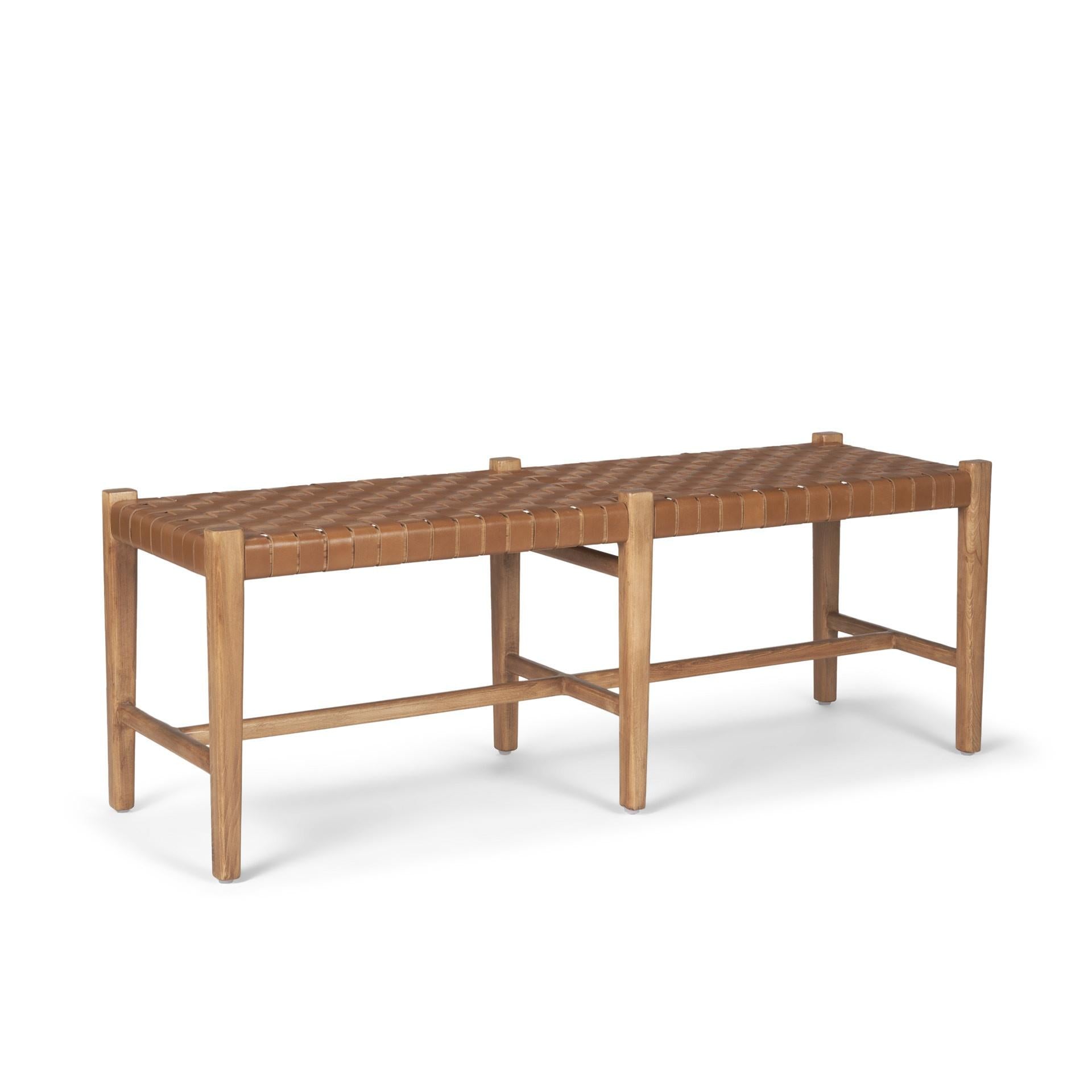 52" Brown Genuine Leather and Solid Wood Upholstered Bench