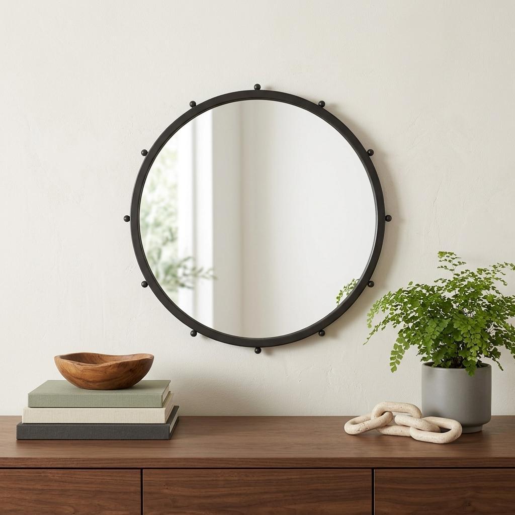 25" Black Metal Beaded Round Framed Accent Mirror