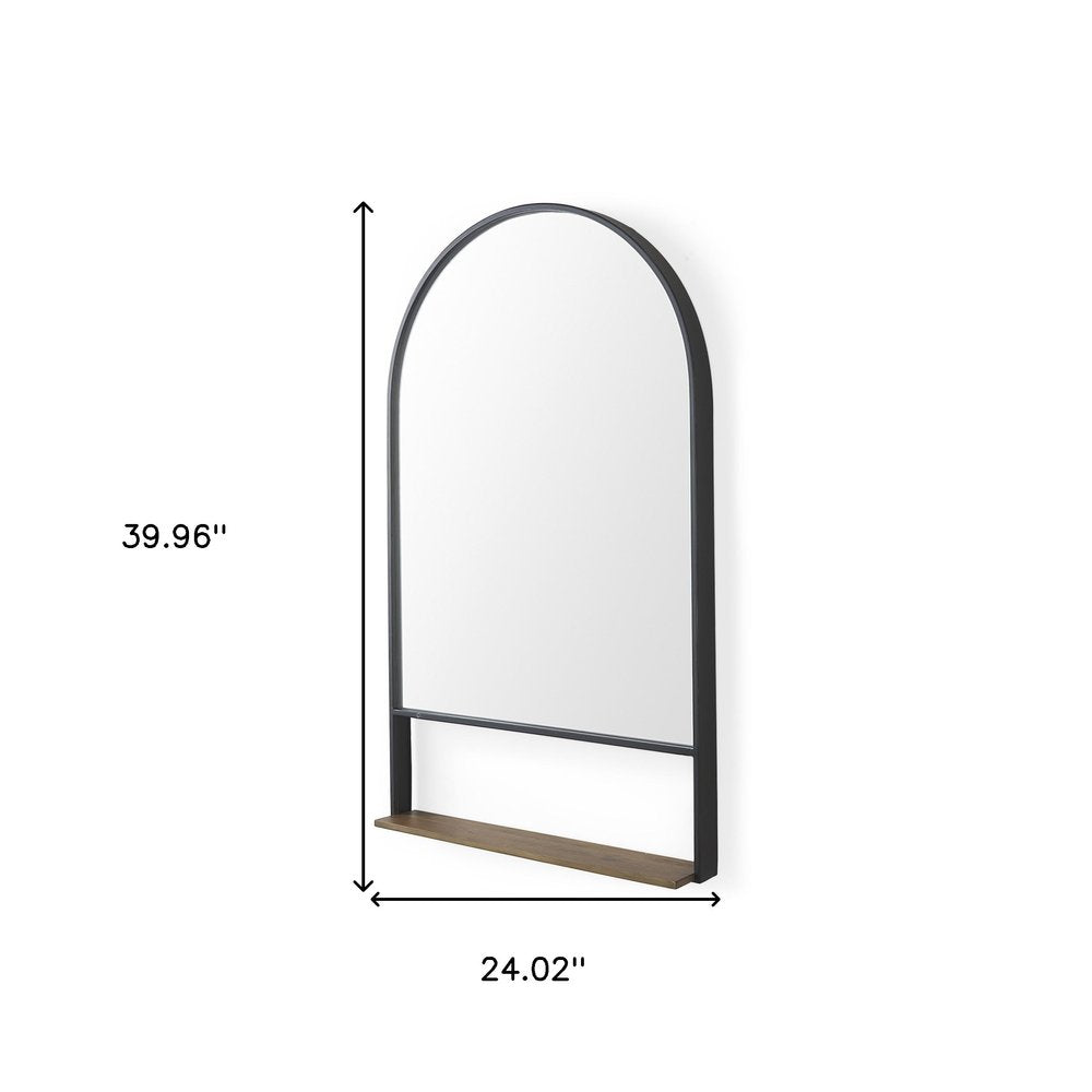 40" Black Metal Arch Framed Accent Mirror With Shelf