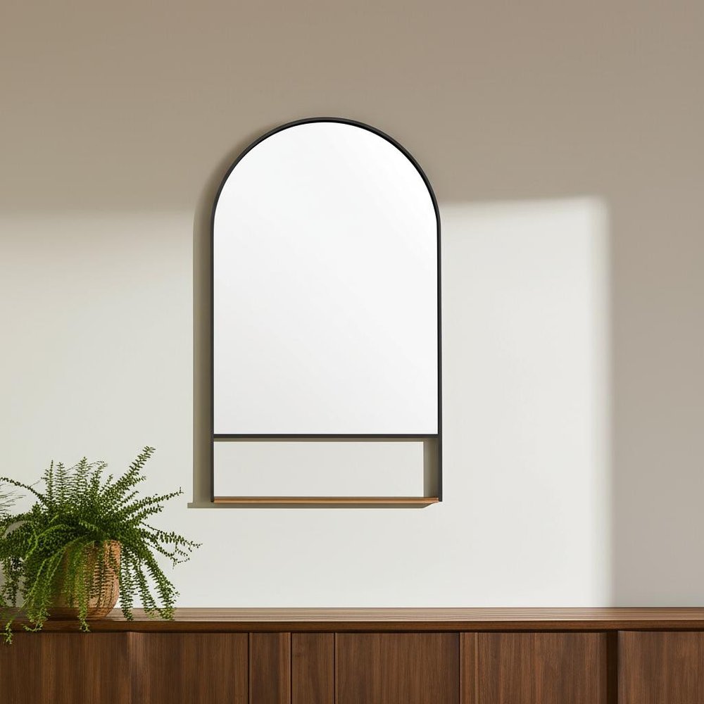 40" Black Metal Arch Framed Accent Mirror With Shelf