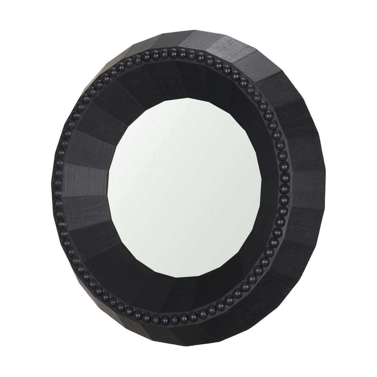 30" Black Solid Wood Faceted And Beaded Round Framed Accent Mirror