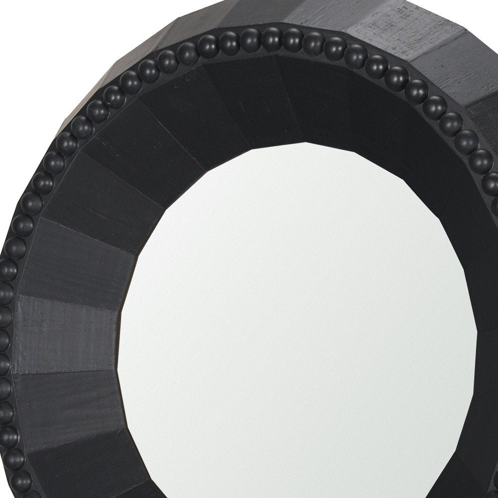 30" Black Solid Wood Faceted And Beaded Round Framed Accent Mirror