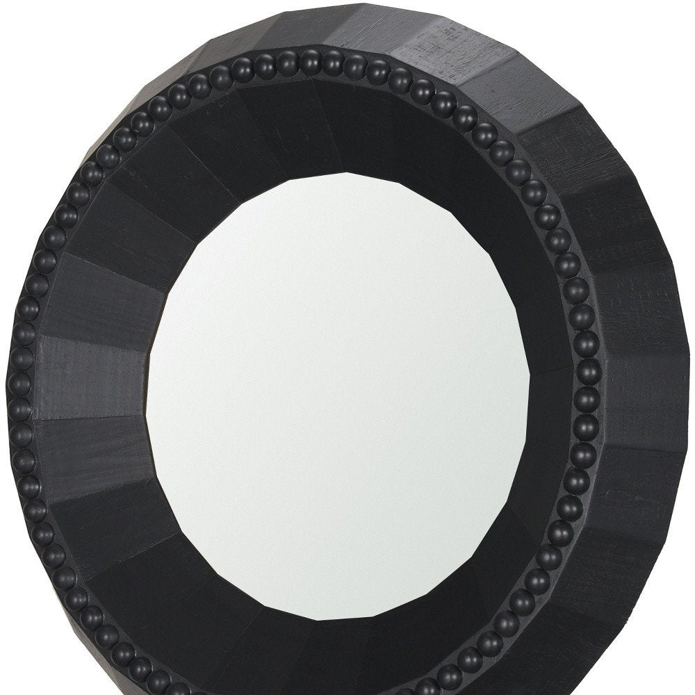 30" Black Solid Wood Faceted And Beaded Round Framed Accent Mirror