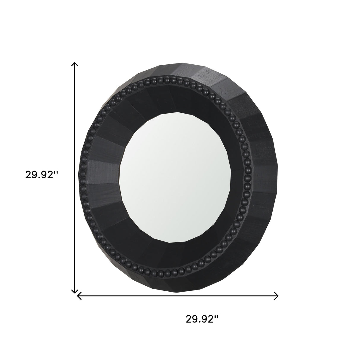 30" Black Solid Wood Faceted And Beaded Round Framed Accent Mirror
