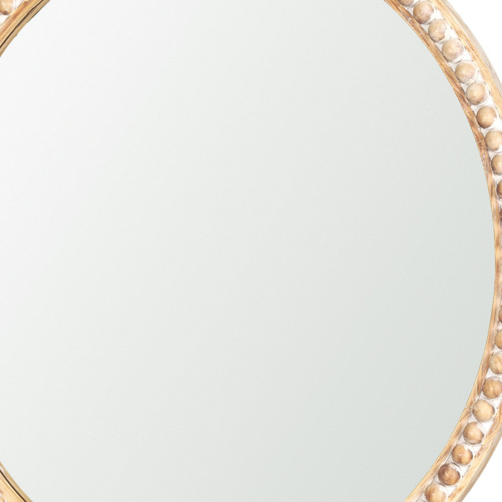 30" Natural Solid Wood Beaded Round Framed Accent Mirror