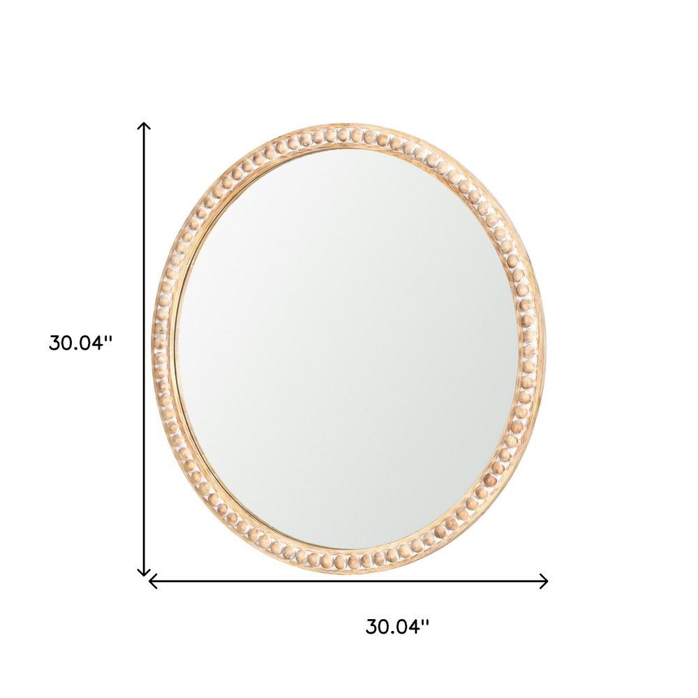 30" Natural Solid Wood Beaded Round Framed Accent Mirror