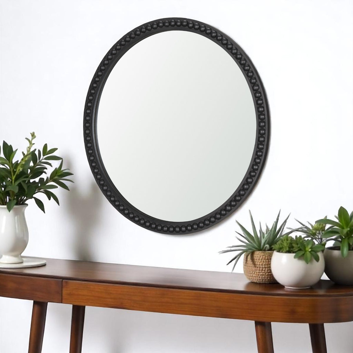 30" Black Solid Wood Beaded Round Framed Accent Mirror