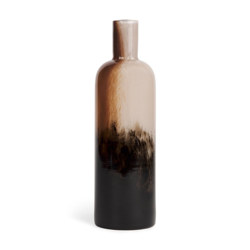 11" Amber Cream And Dark Brown Abstract Glass Table Vase