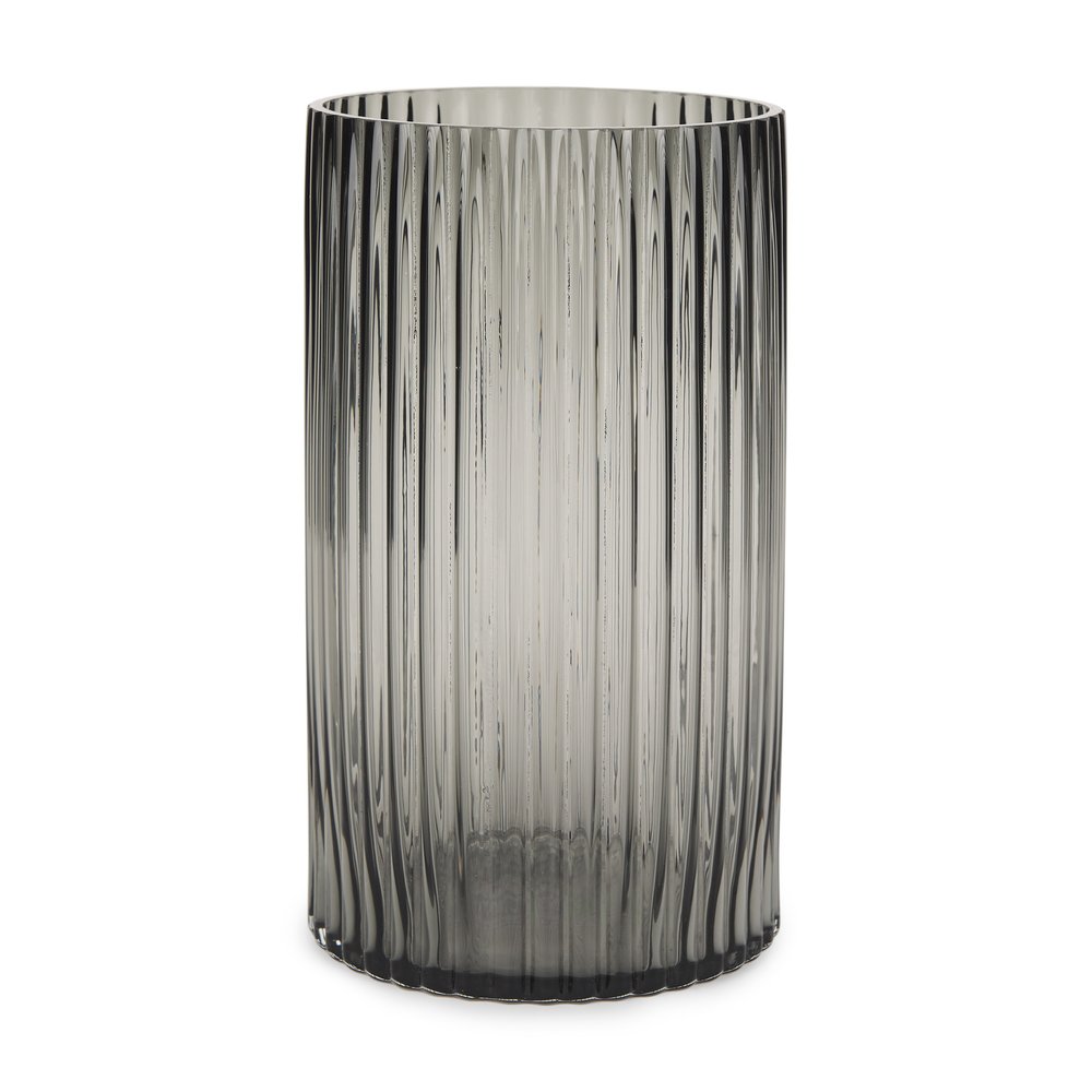 11" Black Cylinder Ribbed Glass Table Vase
