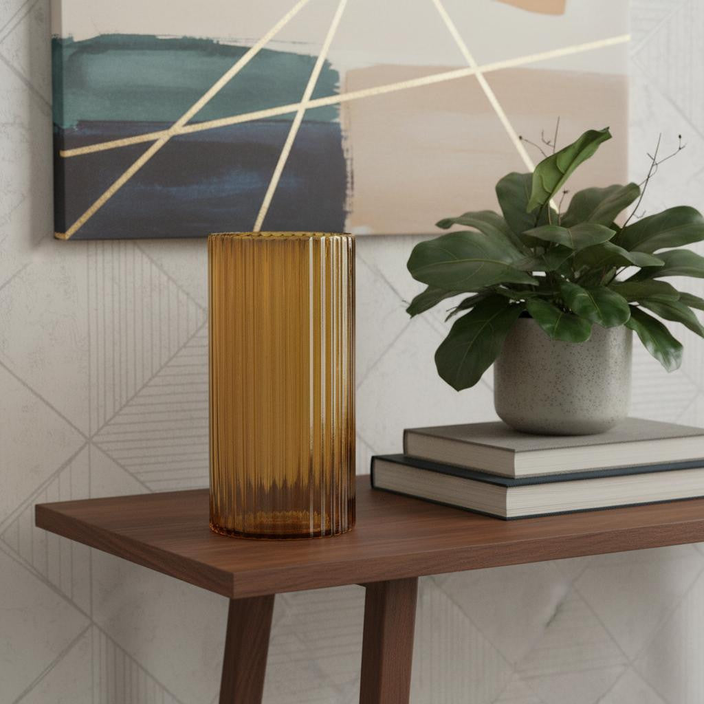 11" Amber Glass Ribbed Cylinder Table Vase