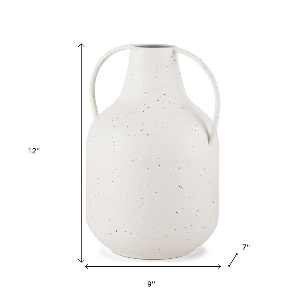 12" White Speckle Metal Amphora Table Vase