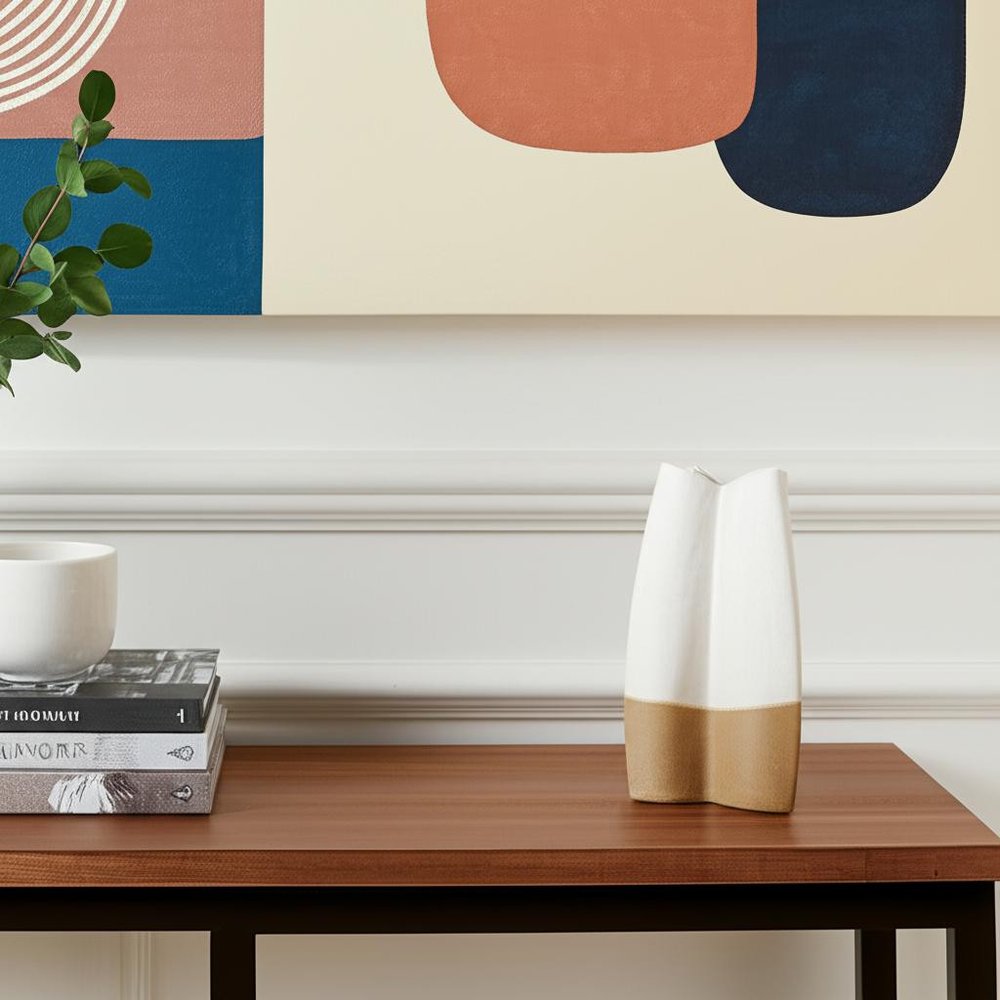 14" Off White And Tan Color Block Ceramic Table Vase