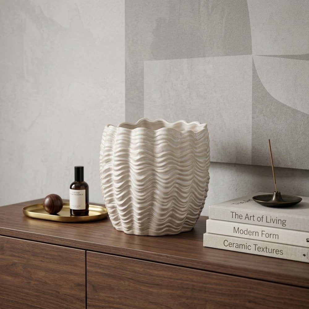 11" Cream Ceramic Sculptural Waves Table Vase