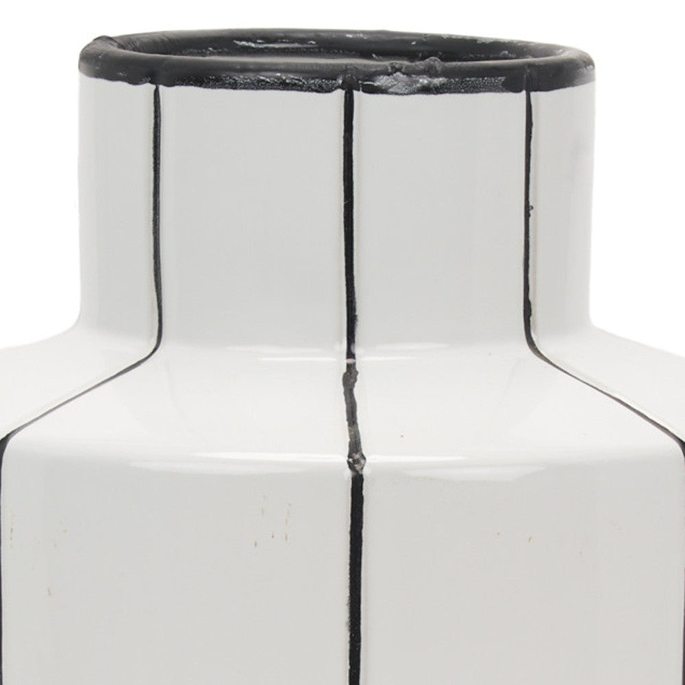 16" White And Black Striped Ceramic Cylinder Table Vase