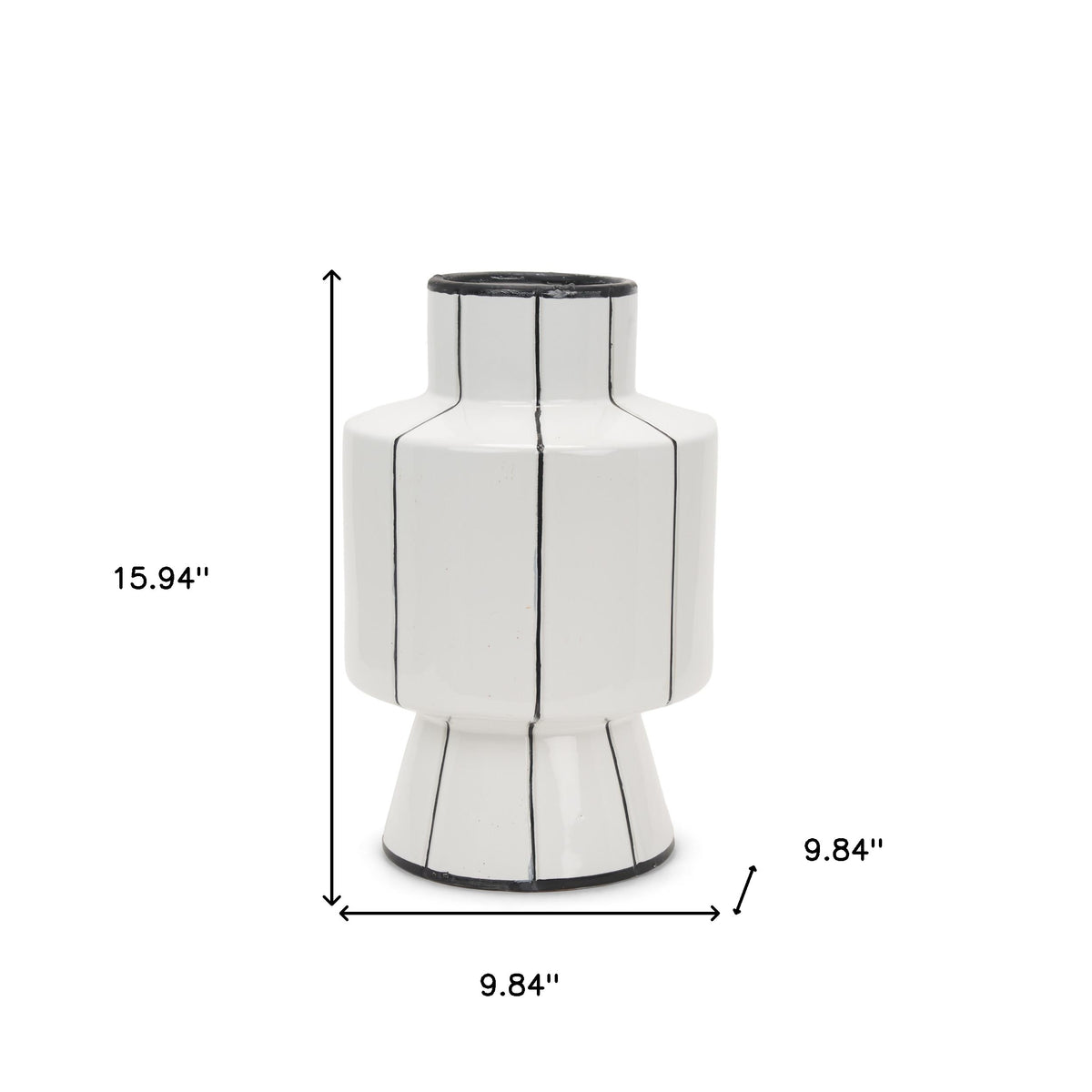 16" White And Black Striped Ceramic Cylinder Table Vase