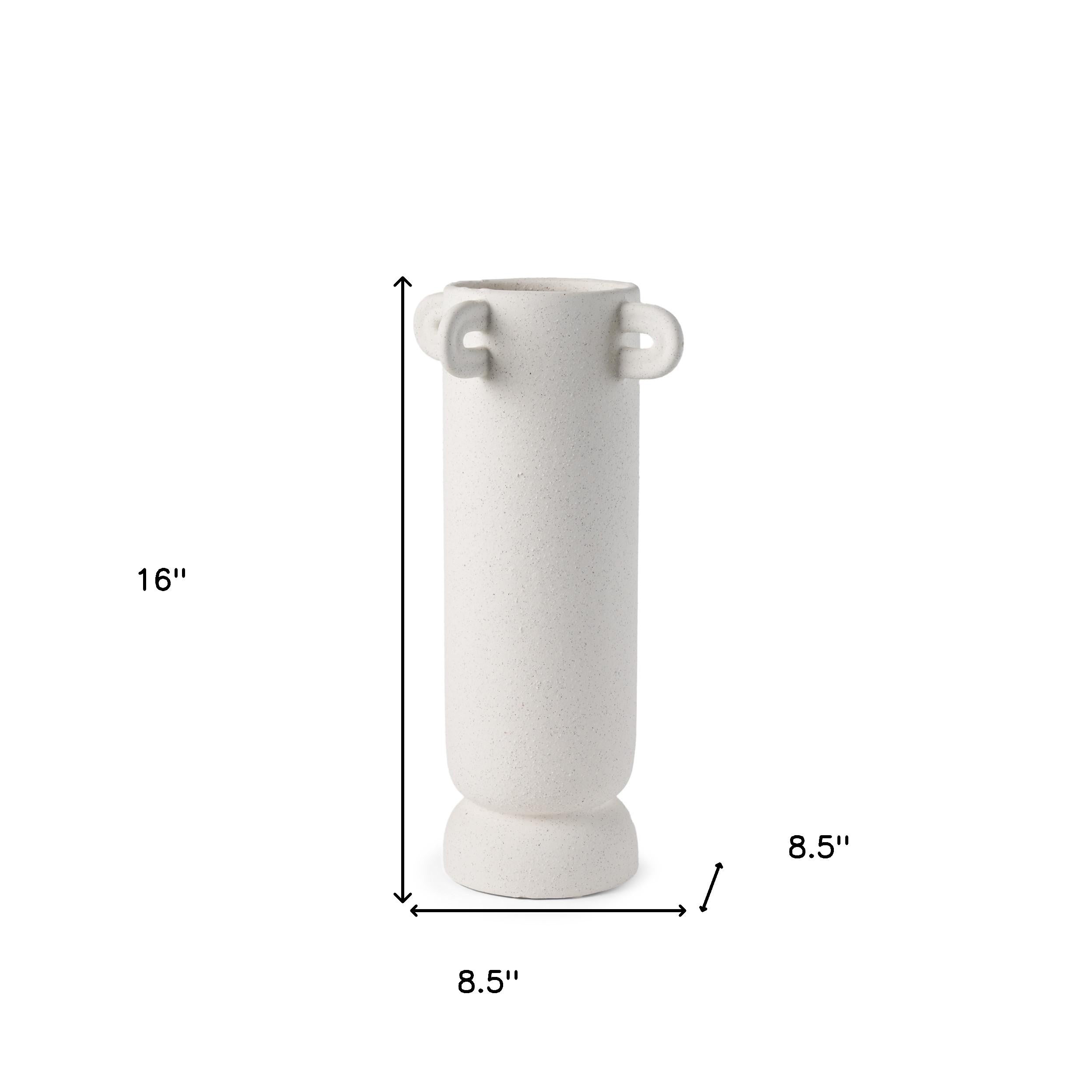 16" Off White Cylinder Ceramic Table Vase With Handles
