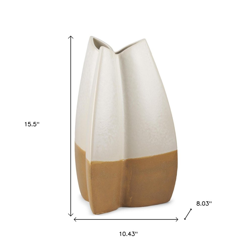 16" Off White And Tan Color Block Ceramic Table Vase