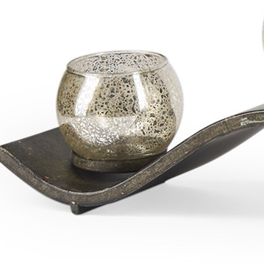 7" Silver Distressed Abstract Metal And Glass Tabletop Hurricane Candle Holder
