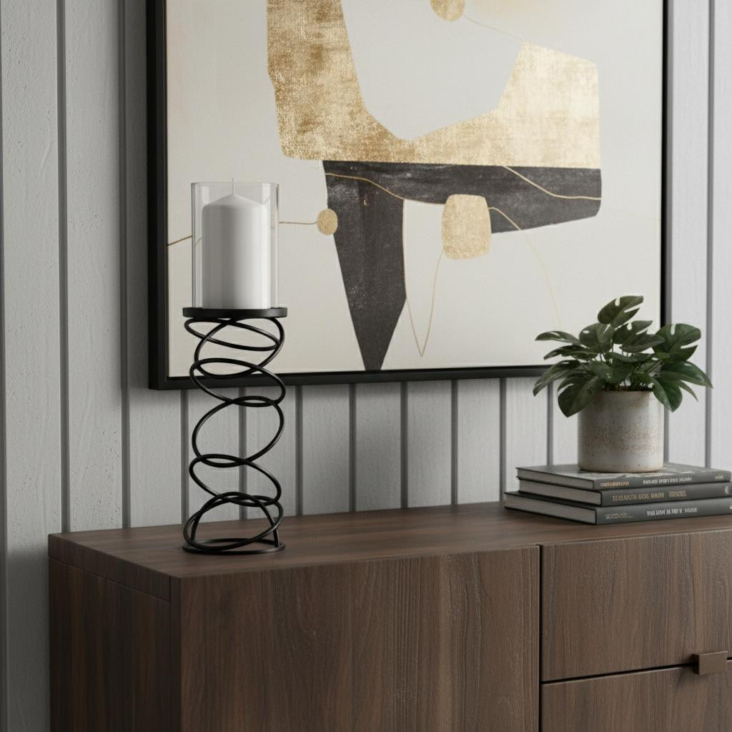 17" Black Geometric Glass And Metal Tabletop Pillar Candle Holder