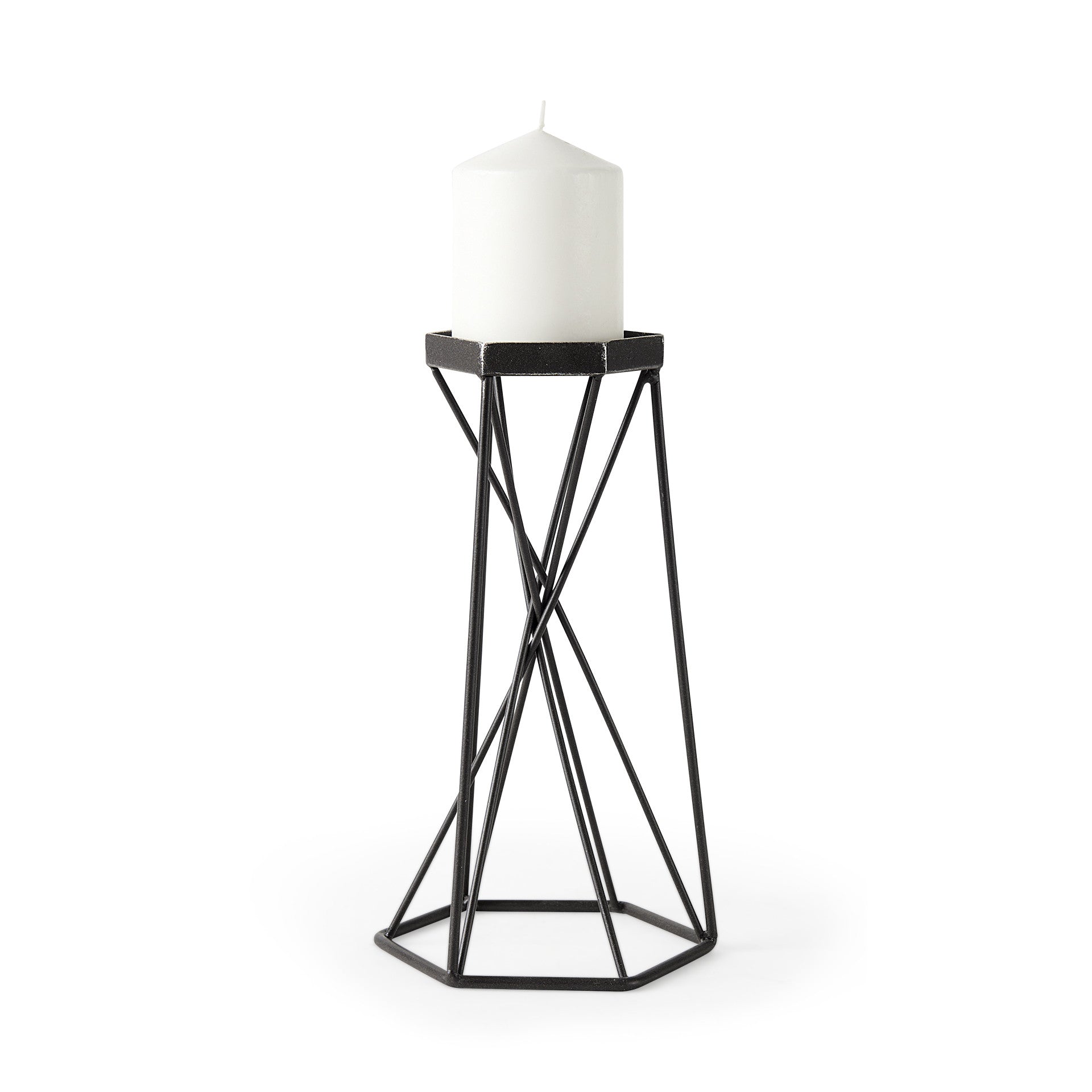 11" Black Distressed Geometric Metal Tabletop Pillar Candle Holder