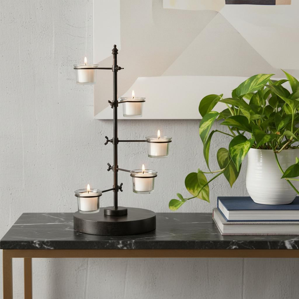 17" Black Distressed Abstract Metal Tabletop Tealight Candle Holder