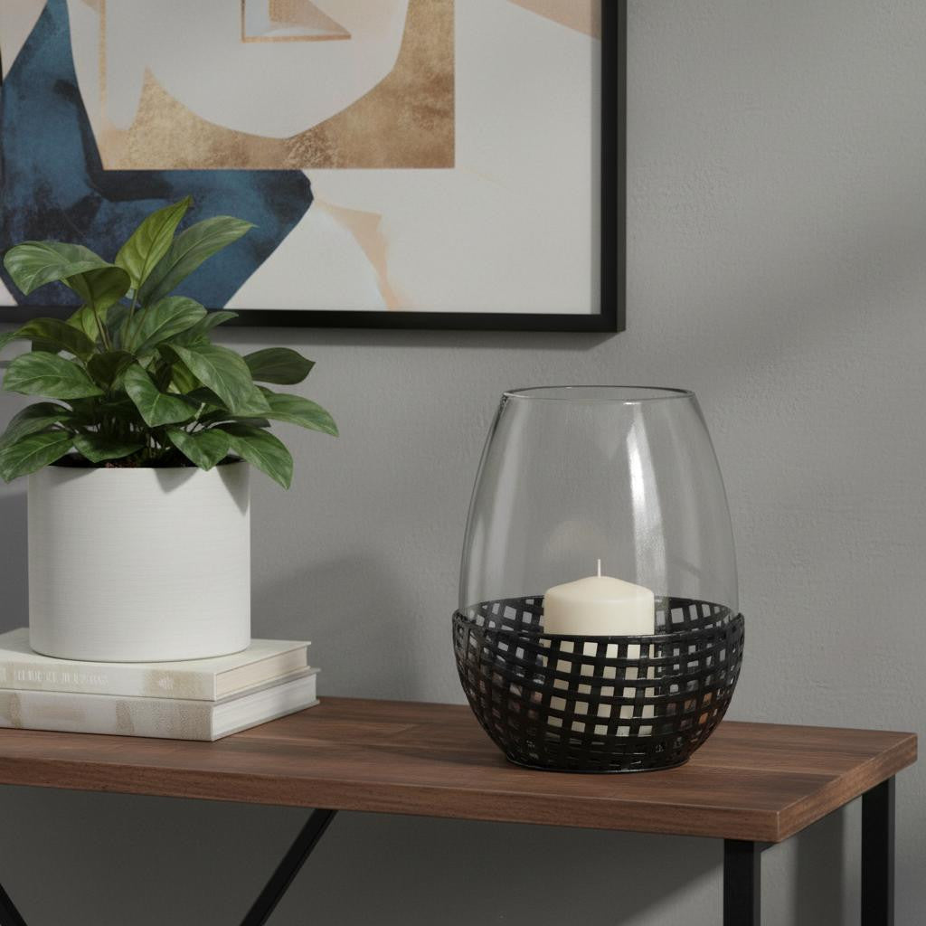 10" Black Woven Metal And Glass Tabletop Hurricane Candle Holder