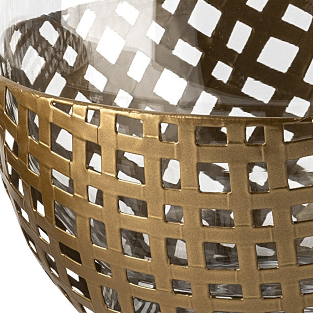 10" Gold And Clear Woven Metal And Glass Tabletop Hurricane Candle Holder