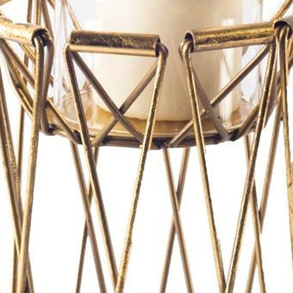 8" Antiqued Brass Distressed Geometric Metal And Glass Tabletop Hurricane Candle Holder