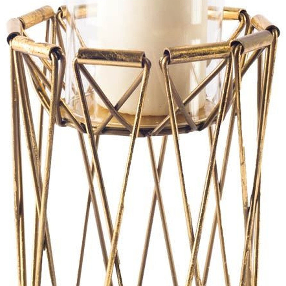 8" Antiqued Brass Distressed Geometric Metal And Glass Tabletop Hurricane Candle Holder