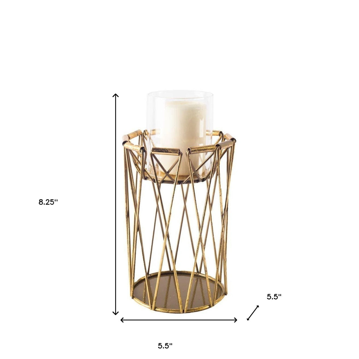 8" Antiqued Brass Distressed Geometric Metal And Glass Tabletop Hurricane Candle Holder