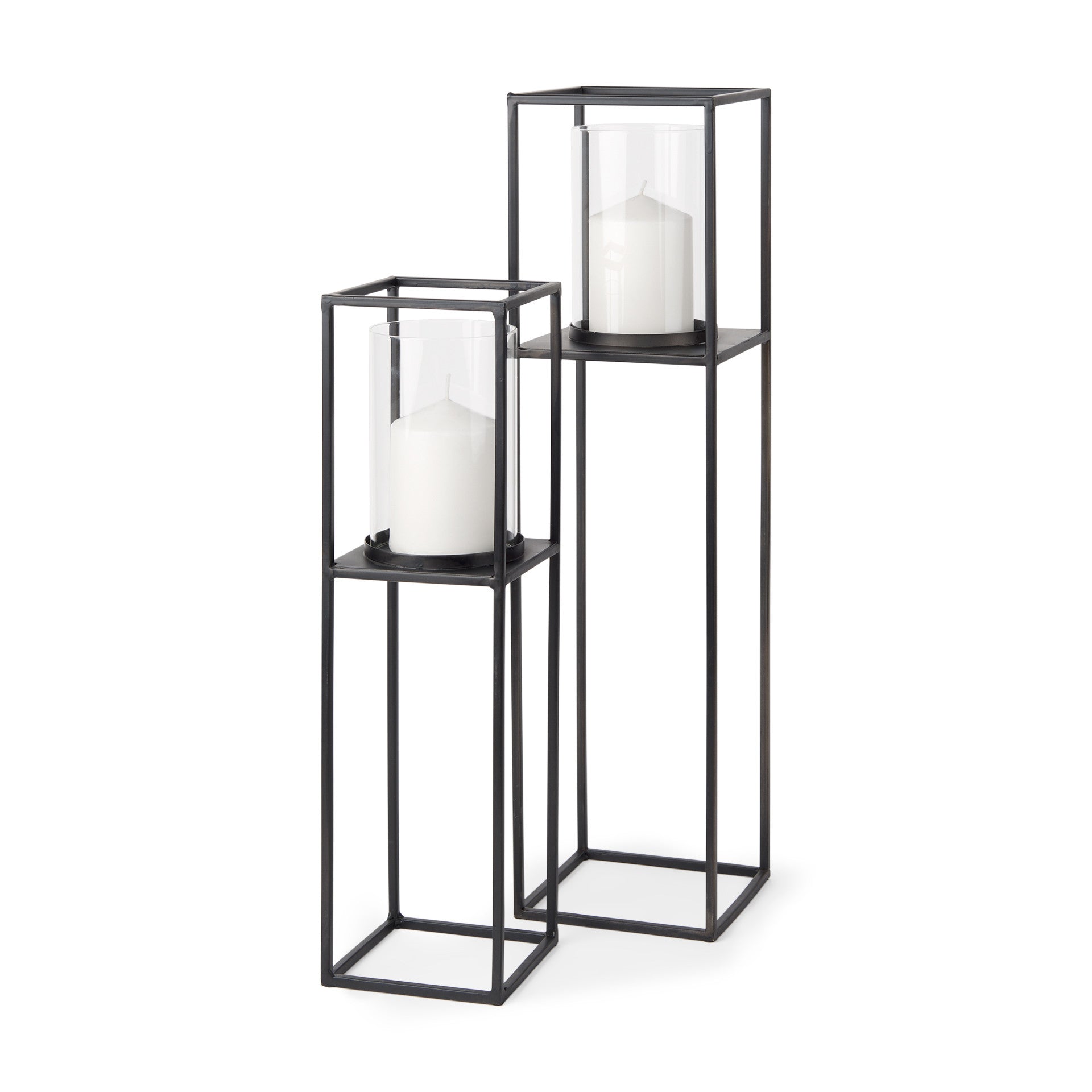 Set of Two Black Geometric Metal And Glass Tabletop Hurricane Candle Holders