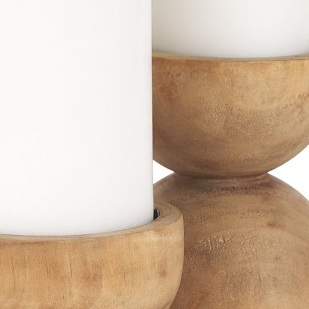 Set of Two Brown Distressed Geometric Solid Wood Tabletop Pillar Candle Holders